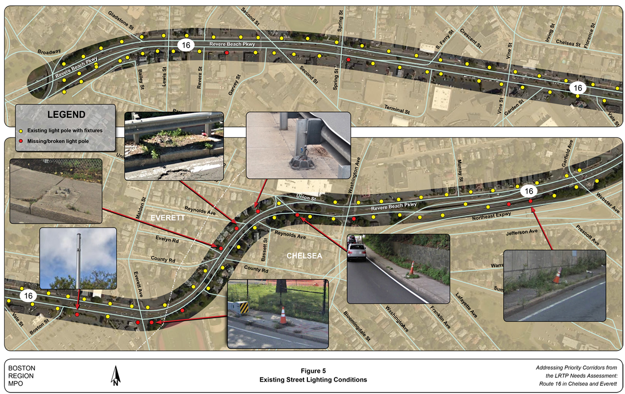 Figure 5Existing Street Lighting ConditionsFigure 5 is a map of the study area showing the existing street lighting conditions on Route 16 in Chelsea and Everett.